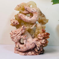 Natural Pink Flower Agate With Citrine Hand Carved Dragon