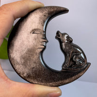 Sliver Obsidian Moon With Wolf